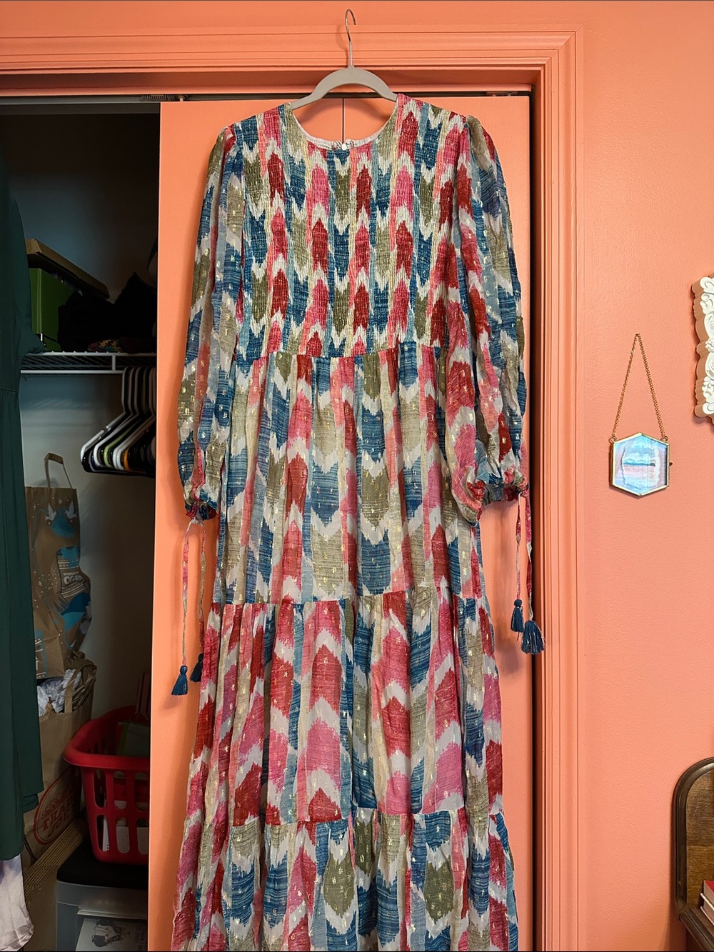 Oliphant Boho Tiered Maxi Dress in Pink, Blue & Olive with Gold Metallic Detail